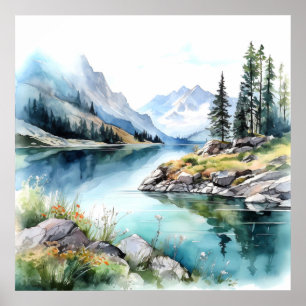 Poster Imprimer l'aquarelle Mountain Lake