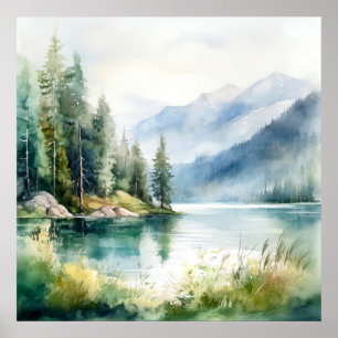 Poster Imprimer l'aquarelle Mountain Lake