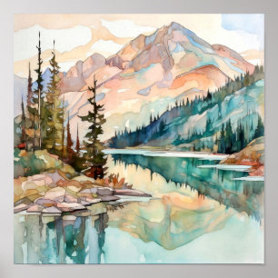 Poster Imprimer l'aquarelle Mountain Lake
