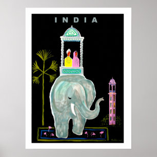 Poster India, couple riding on blue elephant, painting