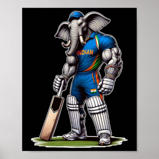 Poster India Elephant Cricket Player Cricketer  (Devant)