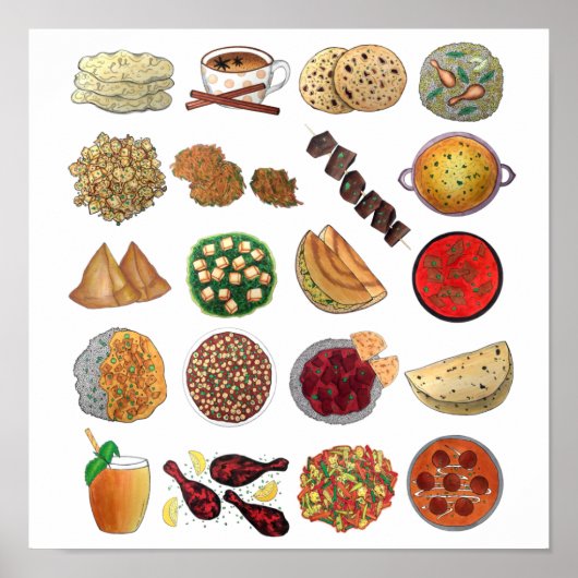 Poster Indian Foods Plats Cuisine indienne Illustration (Devant)