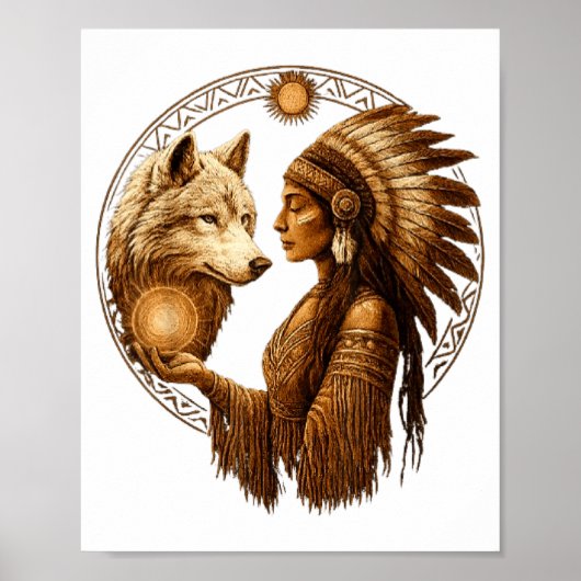 Poster Indian Native American Woman With White Wolf Vinta (Devant)
