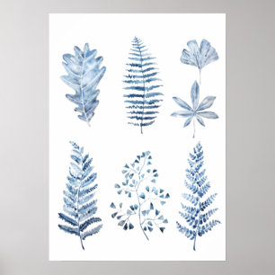 Poster indigo bleu feuille collection aquarelle