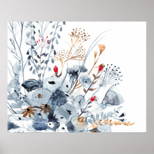 Poster Indigo & Ochre - Fleurs aquarelles