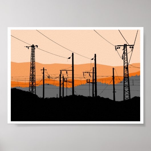 Poster Industrial Sunset Silhouette Power Lines (Devant)