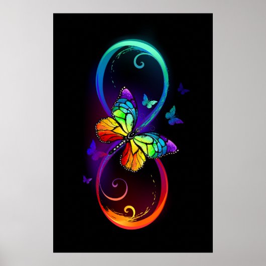 Poster Infini vibrant avec papillon arc-en-ciel sur noir (Devant)