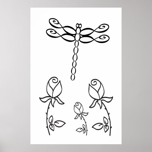 Poster Infinity Dragonfly with Roses Black and White (Devant)