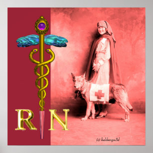 Poster INFIRMER ET SECOURIR DOG /Gold Caduceus RN Emblem