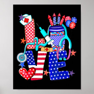 Poster Infirmière Amour 4 juillet Drapeau américain Memor