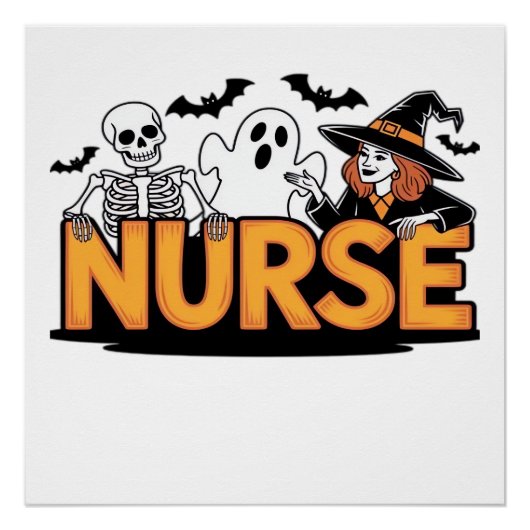 Poster Infirmière - Halloween - avec fantôme, sorcière et (Devant)