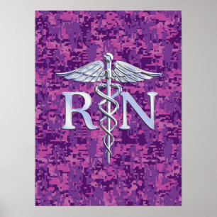 Poster Infirmière inscrite RN Silver Caduceus sur Camo Ro