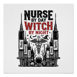Poster Infirmière le jour sorcière la nuit Design Hallowe