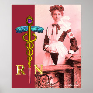 Poster INfirmière RÉTRO et Emblème Caducée NR Or