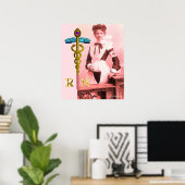 Poster INFIRMIÈRE RÉTRO et Emblème Caducée NR Or (Bureau à domicile)