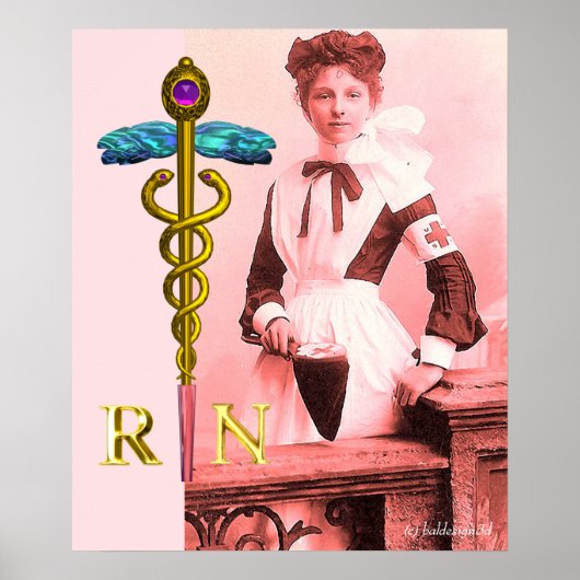 Poster INFIRMIÈRE RÉTRO et Emblème Caducée NR Or (Devant)