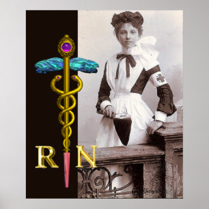 Poster INfirmière RÉTRO et Emblème Caducée NR Or