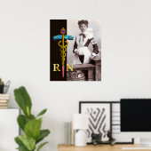 Poster Infirmière Rétro et Emblème NR Caducée doré (Bureau à domicile)