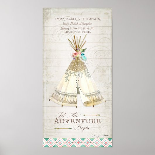 Poster Info naissance de la fille Tribal Boho Adventure T (Devant)