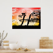 Poster initial du monogramme Pleine lune et chat H (Cuisine)