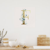 Poster initial F Golden et Blue Floral Monogram (Cuisine)