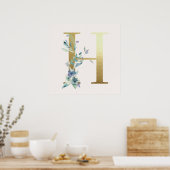Poster initial H Golden et Blue Floral Monogram (Cuisine)