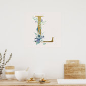 Poster initial L Golden et Blue Floral Monogram (Cuisine)