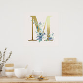 Poster initial M Golden et Blue Floral Monogram (Cuisine)