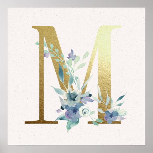 Poster initial M Golden et Blue Floral Monogram (Devant)