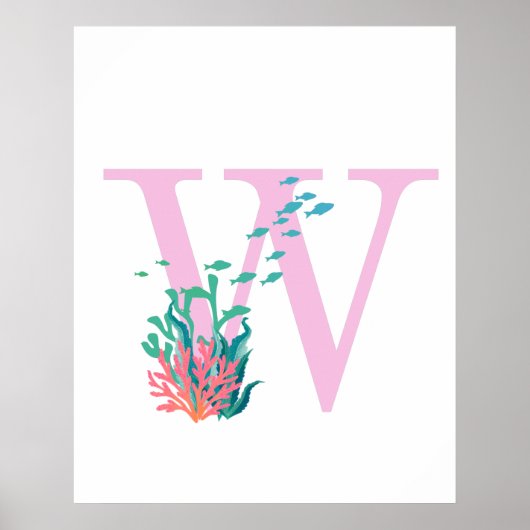 Poster initial W Monogramme Monogramme rose océan  (Devant)