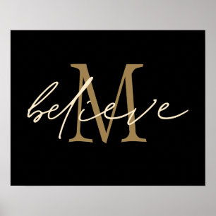 Poster Initiale monogramme or en script Believe Noir