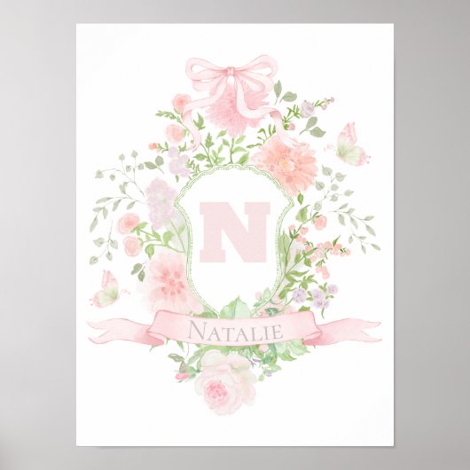Poster initiale prénom fleurs roses bébé fille (Devant)