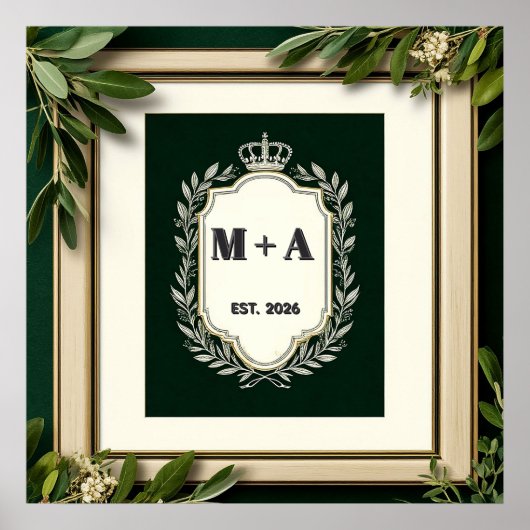 Poster Initiales de mariage vintage avec couronne (Devant)
