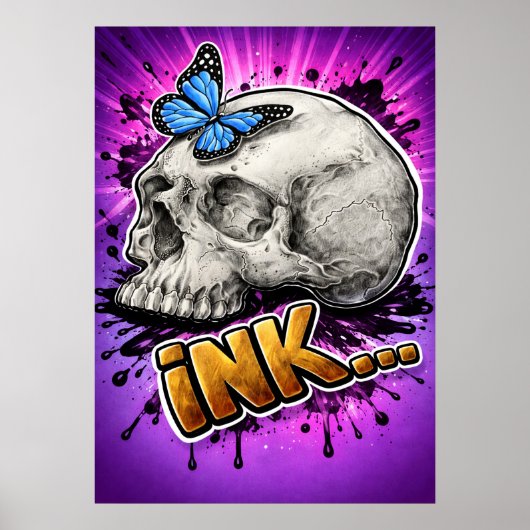Poster INK… Hand-Drawn Skull with Butterfly (Devant)