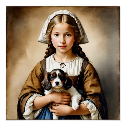 Poster "Innocence Affluente" "Cornelia" Fille avec chiot (Devant)