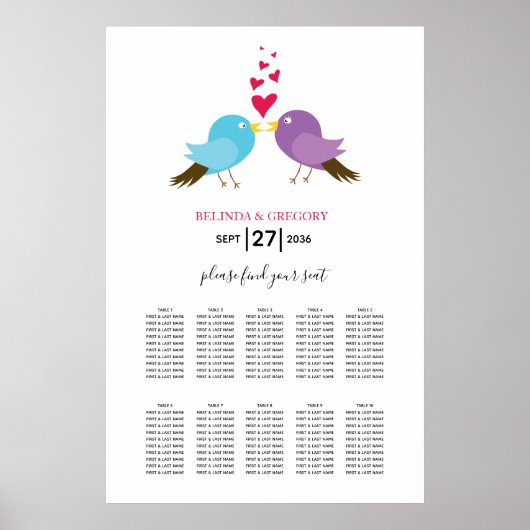 Poster Inséparables & Coeurs Mariage Carte de siège (Devant)