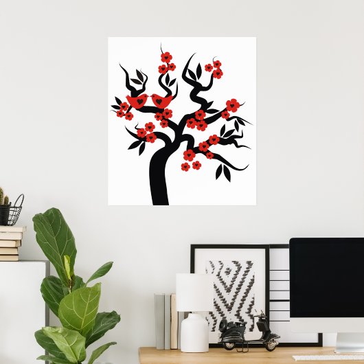 Poster Inséparables noirs rouges sakura cherry tree & Blo (Bureau à domicile)