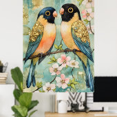 Poster inséparables, perchés sur une branche fleurie. (Bureau à domicile)