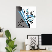 Poster Inséparables Sur Sakura Tree Et Symbole d'amour ch (Bureau à domicile)