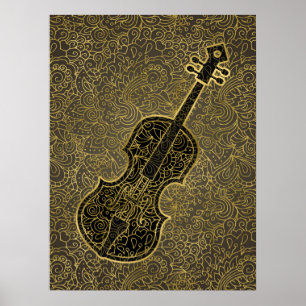 Poster Instrument de musique Cello Gold Taupe Filigree