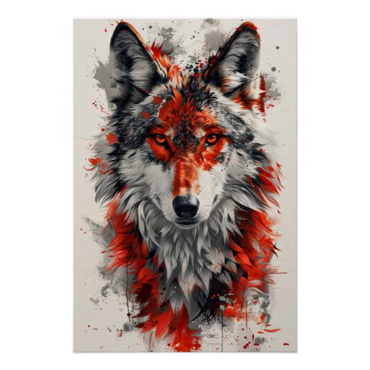 Poster Intense red wolf with striking abstract elements. (Devant)