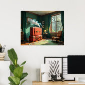 Poster Intérieur vintage avec valises-train et fumée (Bureau à domicile)