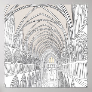Poster Interior of Salisbury Cathedral Line Drawing