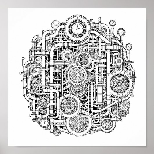 Poster Intricate Steampunk Decoupage Template Line Art (Devant)