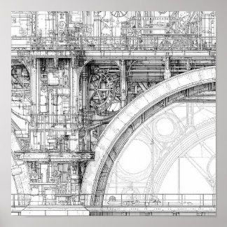 Poster Intricate Steampunk Scaffolding Technical Line Art