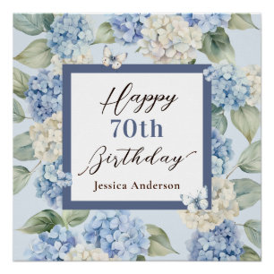Poster Invitation Anniversaire 70 Ans Hydrangea Bleu Aqua