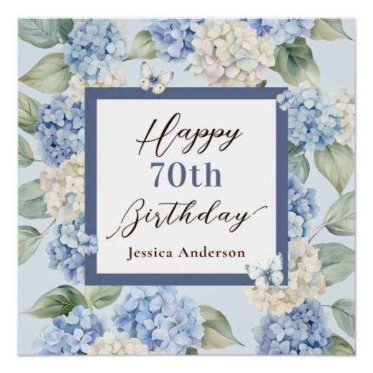 Poster Invitation Anniversaire 70 Ans Hydrangea Bleu Aqua (Devant)