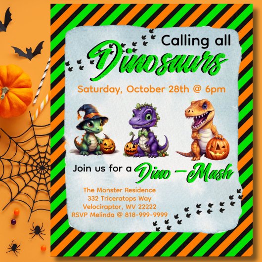 Poster Invitation du parti Halloween Dinosaur Dino-Mash