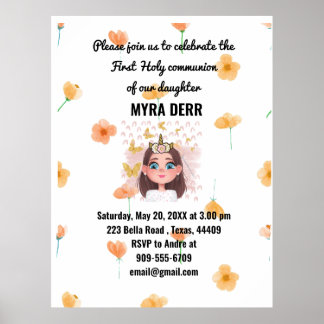 Poster Invitation Fleur Orange pour la Première Communion