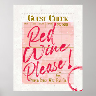 Poster Invité Check reçu Red Wine Please Wine Bar Art